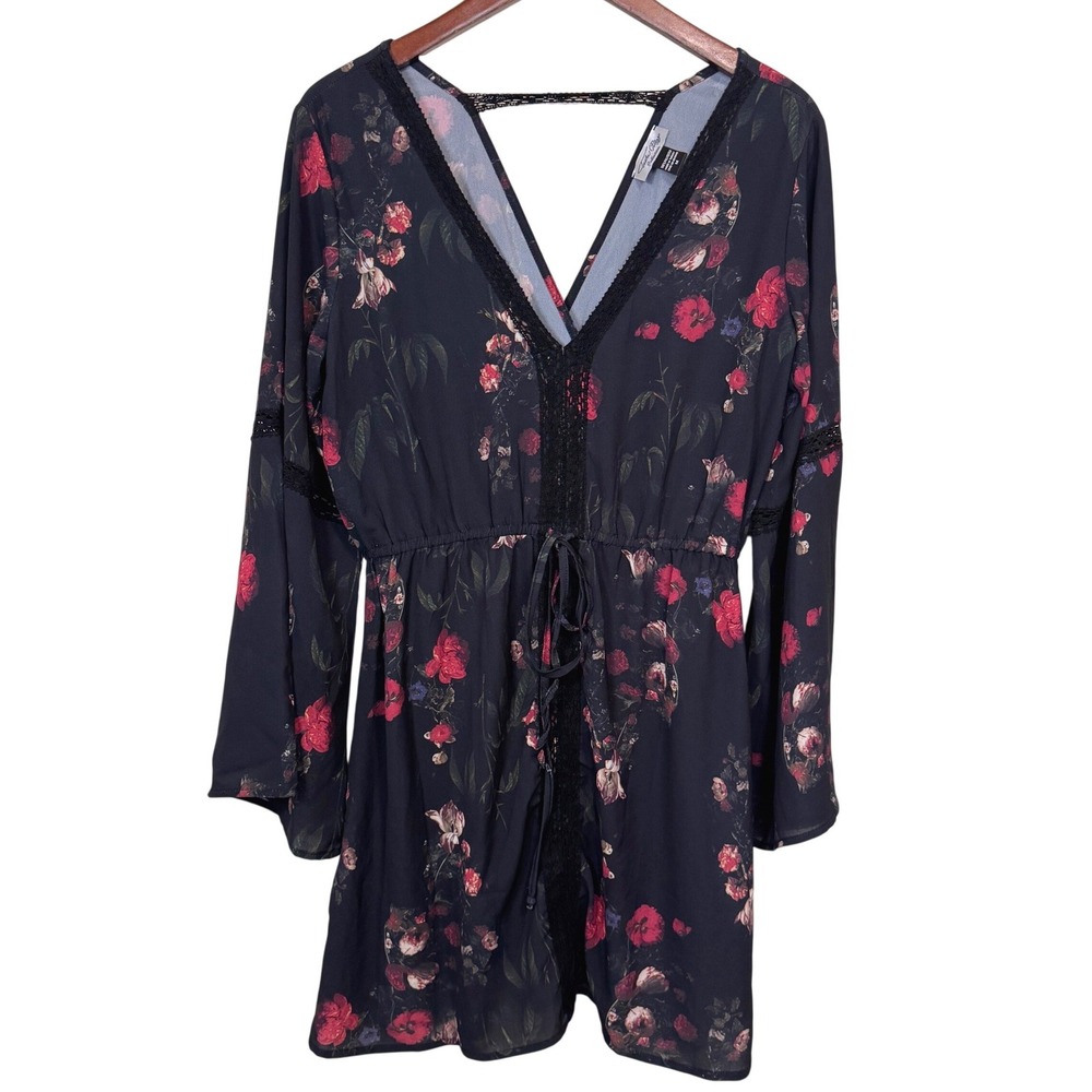 Tasha Polizzi Floral Bell Sleeve Mini Dress Boho Lace Trim V-Neck Black Medium